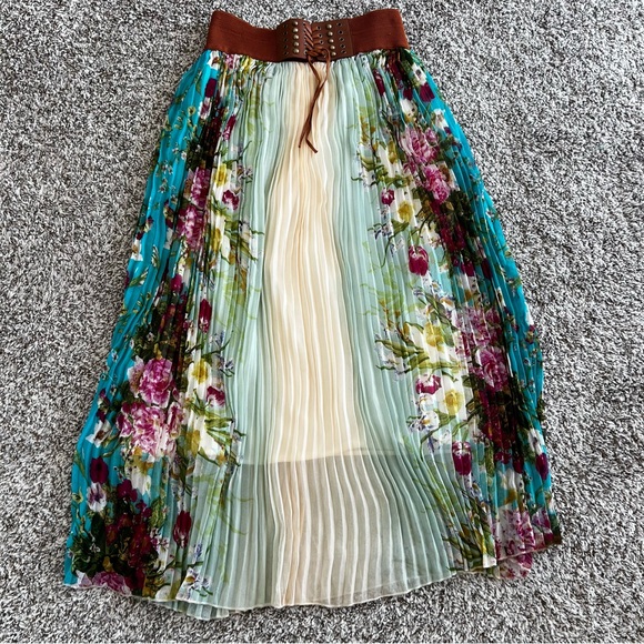 Boho Floral Print Pleated Festival Maxi Skirt Corset Belt Sz L - Picture 3 of 11